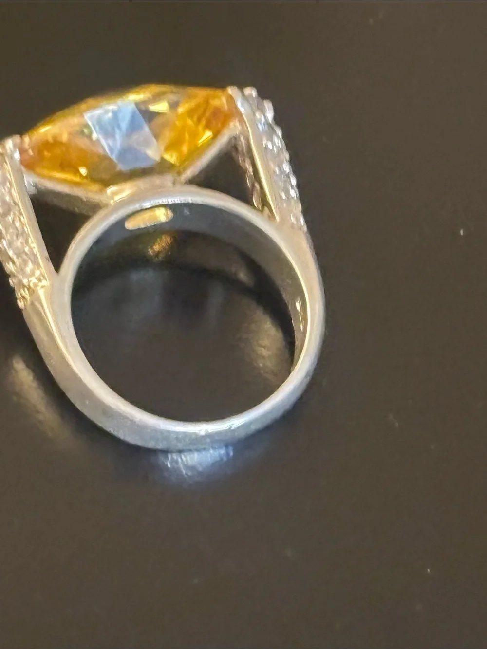 Sterling silver Ring W/ Citrine colored Gemstone and Rhinestones down each side
